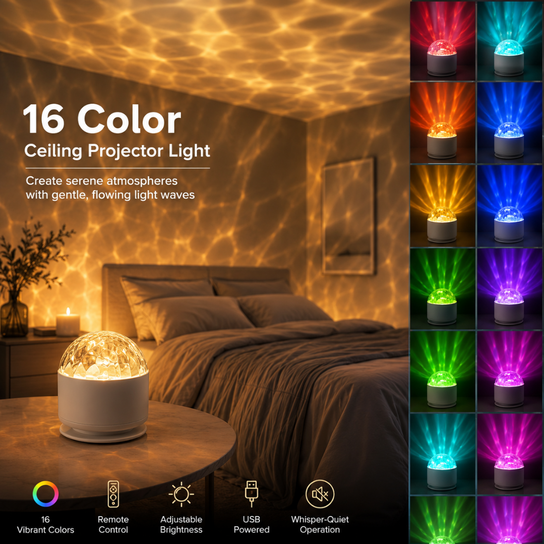 Northern Aurora & Water Ripple Night Light Projector – 16 Color 360° Rotating
