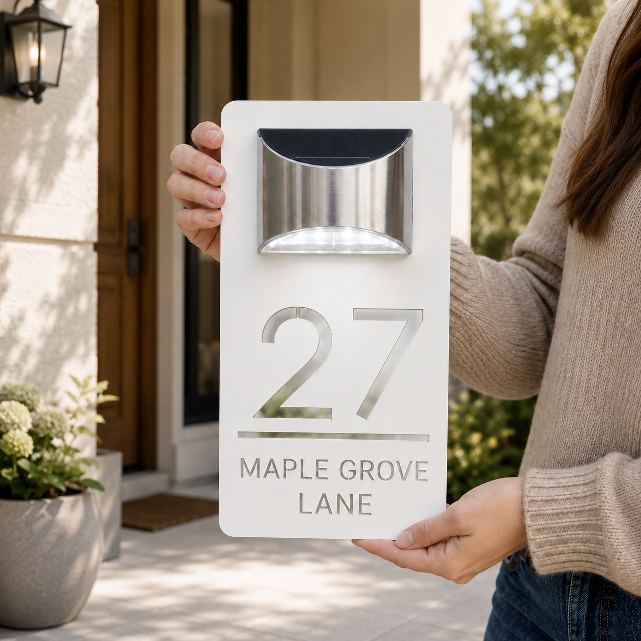 Solar House Number Sign — Personalized LED Modern Address Plaque